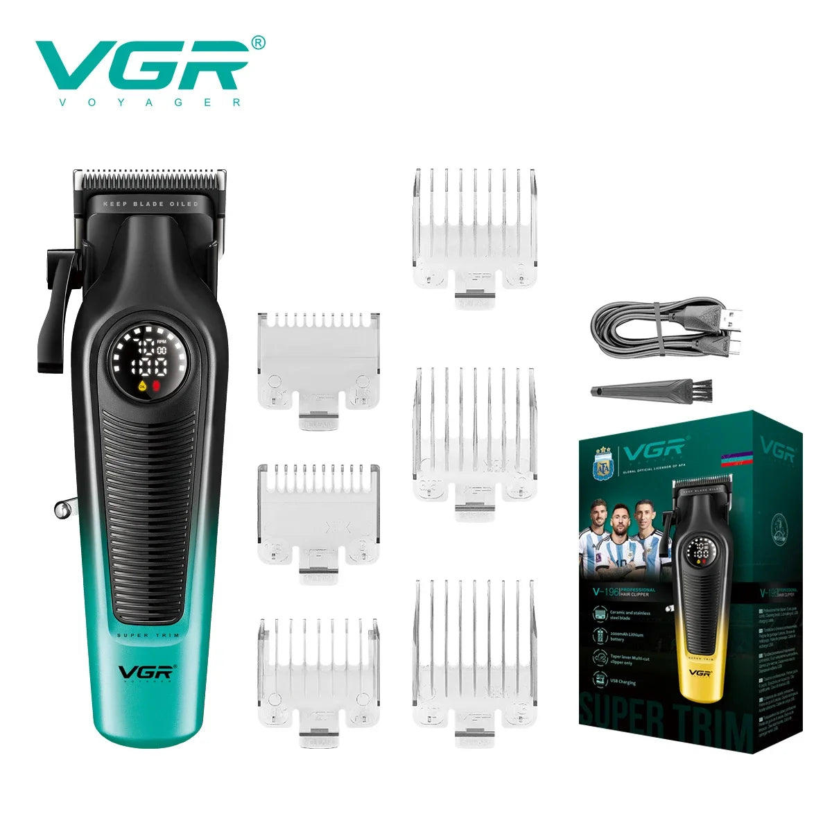 VGR 196 Professional Hair Clipper DLC Blade LED Display Cordless USB Ceramic Blade Men's Haircut Machine Hair Trimmer Machine