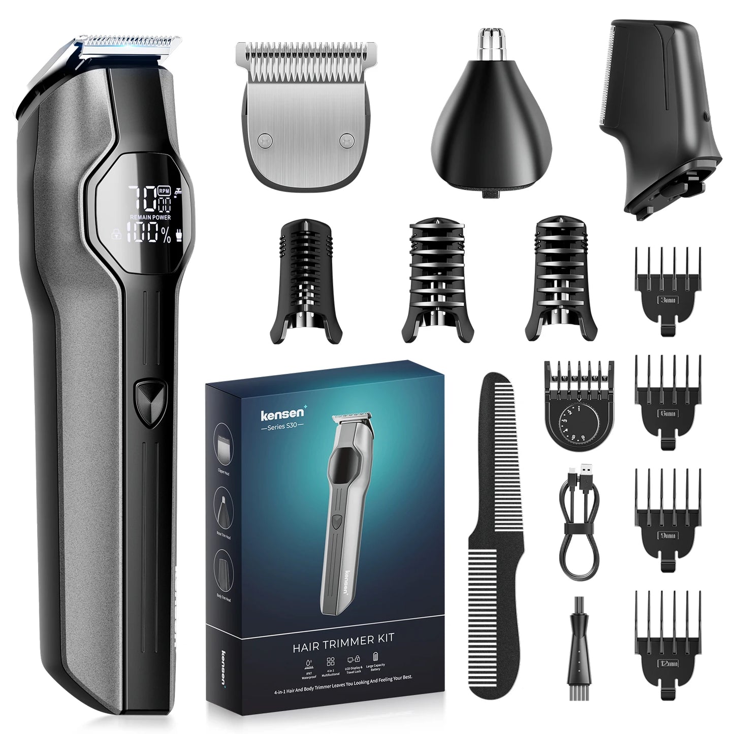 Kensen S30 4 in 1 Cordless Hair Clipper LED Display Men Beard/Nose Trimmer Rechargeable Barber Grooming Kit Hair Cutting Machine