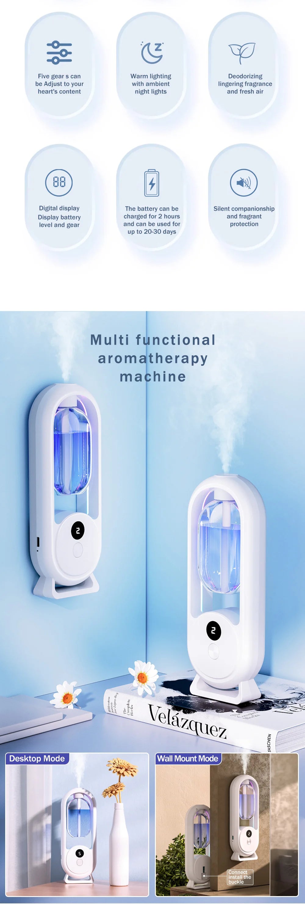 Rechargeable Portable Aroma Diffuser – Essential Oil Air Freshener with Timer