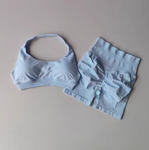 Halter Neck Yoga Set – High-Waist Sports Bra & Shorts Fitness Outfit