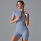 European and American nude one-piece yoga suit with stand up collar, half zipper, short sleeved fitness jumpsuit, tight fitting