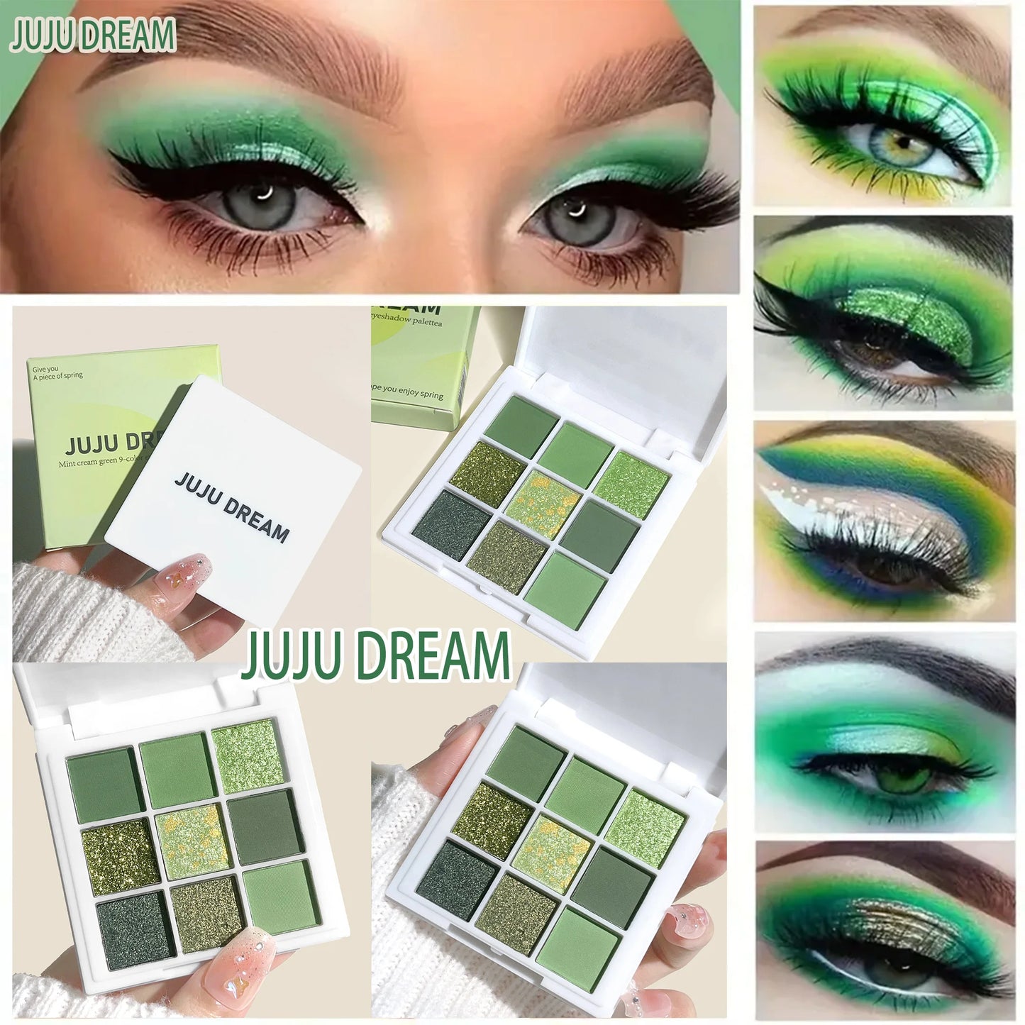 9-18 color eyeshadow palette, green and gold tones, matte and glitter effects, high color sequin eye makeup, waterproof and long