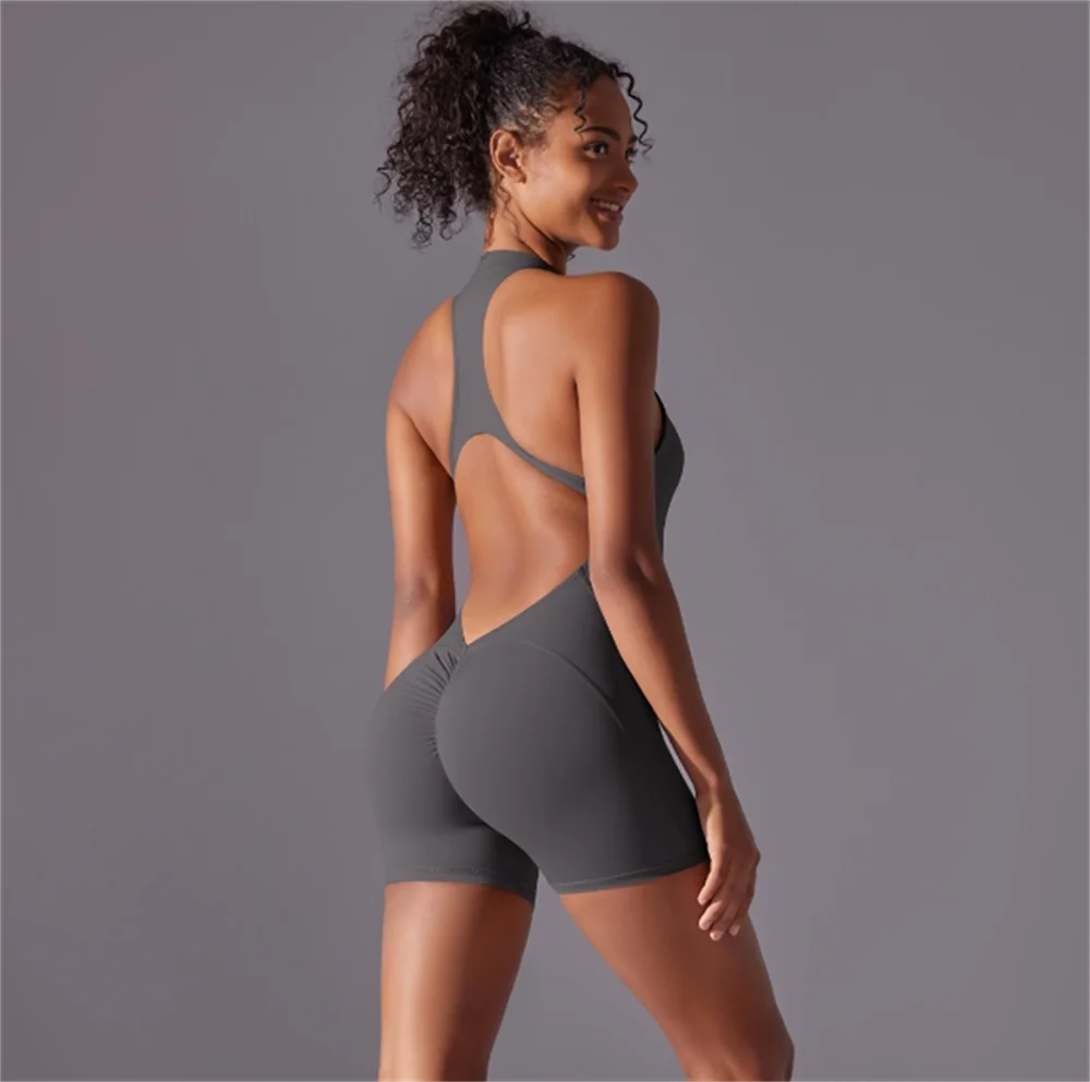 Solid color high-intensity nude tight fitting sports back jumpsuit yoga suit tight fitting running fitness suit