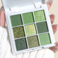 9-18 color eyeshadow palette, green and gold tones, matte and glitter effects, high color sequin eye makeup, waterproof and long