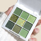 9-18 color eyeshadow palette, green and gold tones, matte and glitter effects, high color sequin eye makeup, waterproof and long