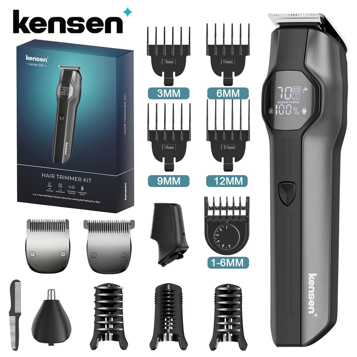 Kensen S30 4 in 1 Cordless Hair Clipper LED Display Men Beard/Nose Trimmer Rechargeable Barber Grooming Kit Hair Cutting Machine