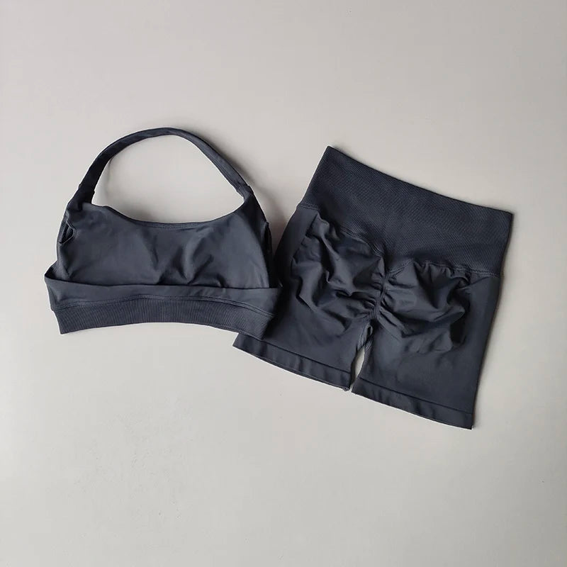 Halter Neck Yoga Set – High-Waist Sports Bra & Shorts Fitness Outfit