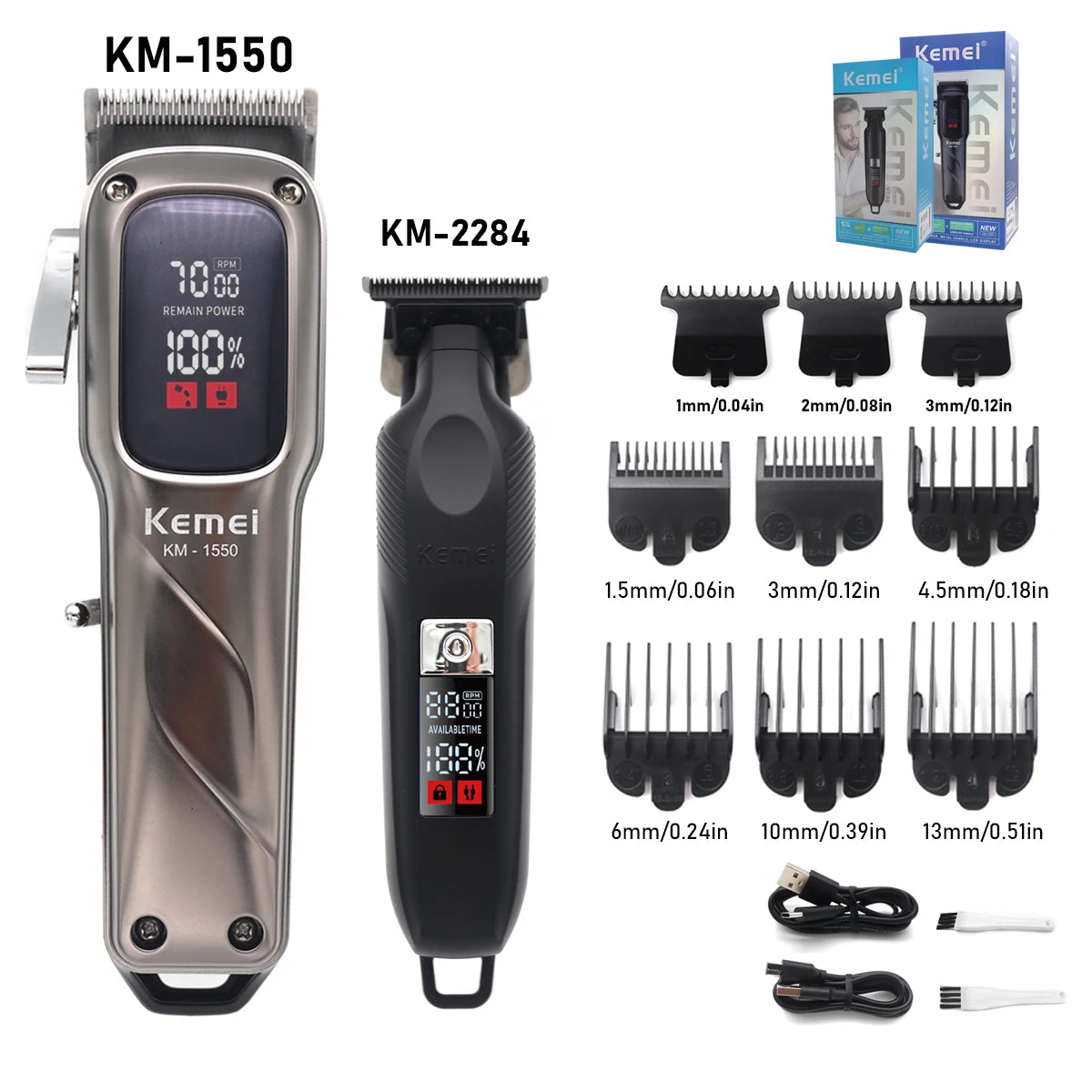 Kemei KM-1550 Professional Hair Clipper for Men LED Display Low Noise Cordless USB Interface Hair Cutting Machine Hair Trimmer
