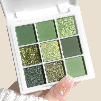 9-18 color eyeshadow palette, green and gold tones, matte and glitter effects, high color sequin eye makeup, waterproof and long