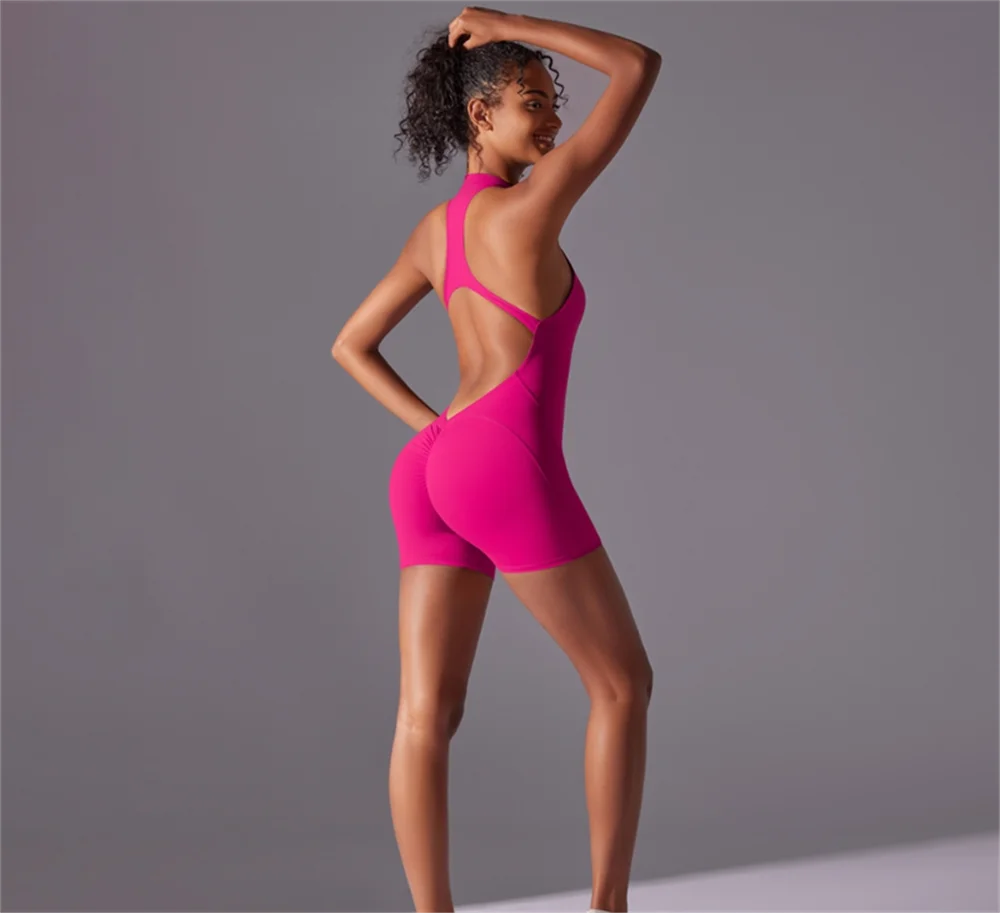 Solid color high-intensity nude tight fitting sports back jumpsuit yoga suit tight fitting running fitness suit