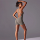 Solid color high-intensity nude tight fitting sports back jumpsuit yoga suit tight fitting running fitness suit