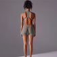 Solid color high-intensity nude tight fitting sports back jumpsuit yoga suit tight fitting running fitness suit
