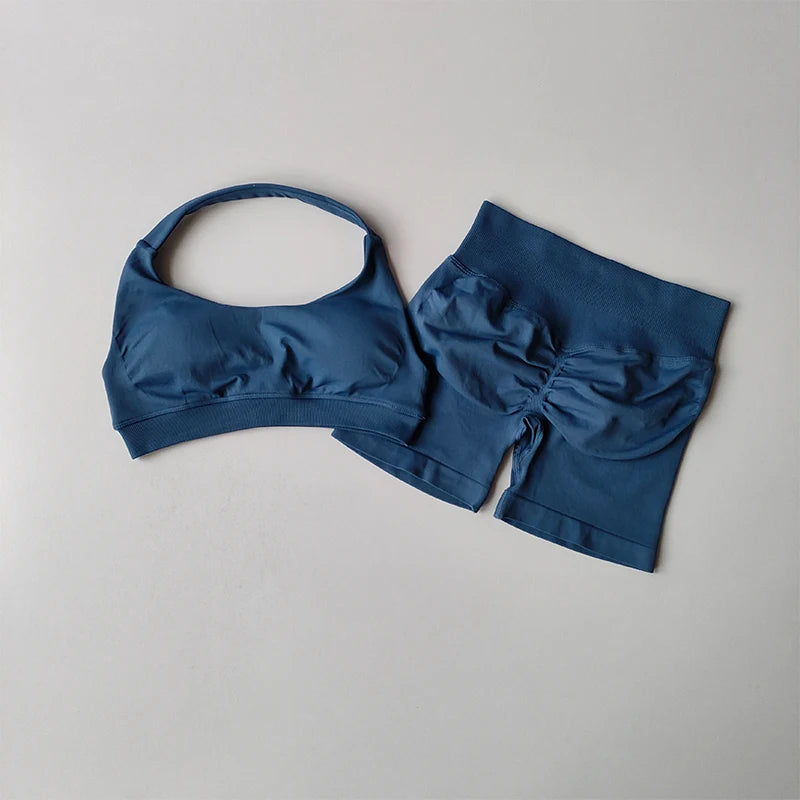 Halter Neck Yoga Set – High-Waist Sports Bra & Shorts Fitness Outfit