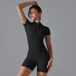 European and American nude one-piece yoga suit with stand up collar, half zipper, short sleeved fitness jumpsuit, tight fitting