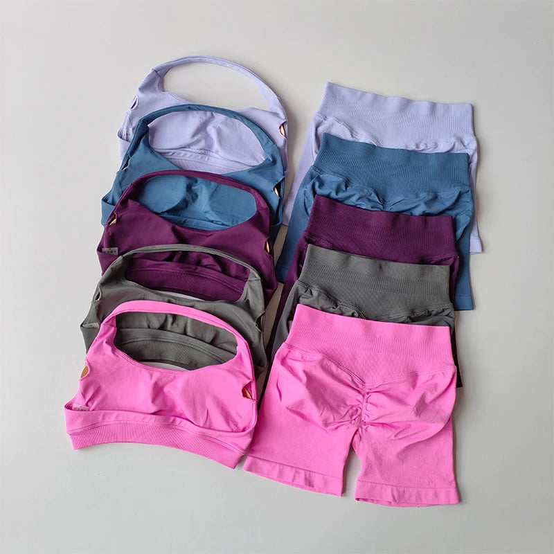 Halter Neck Yoga Set – High-Waist Sports Bra & Shorts Fitness Outfit