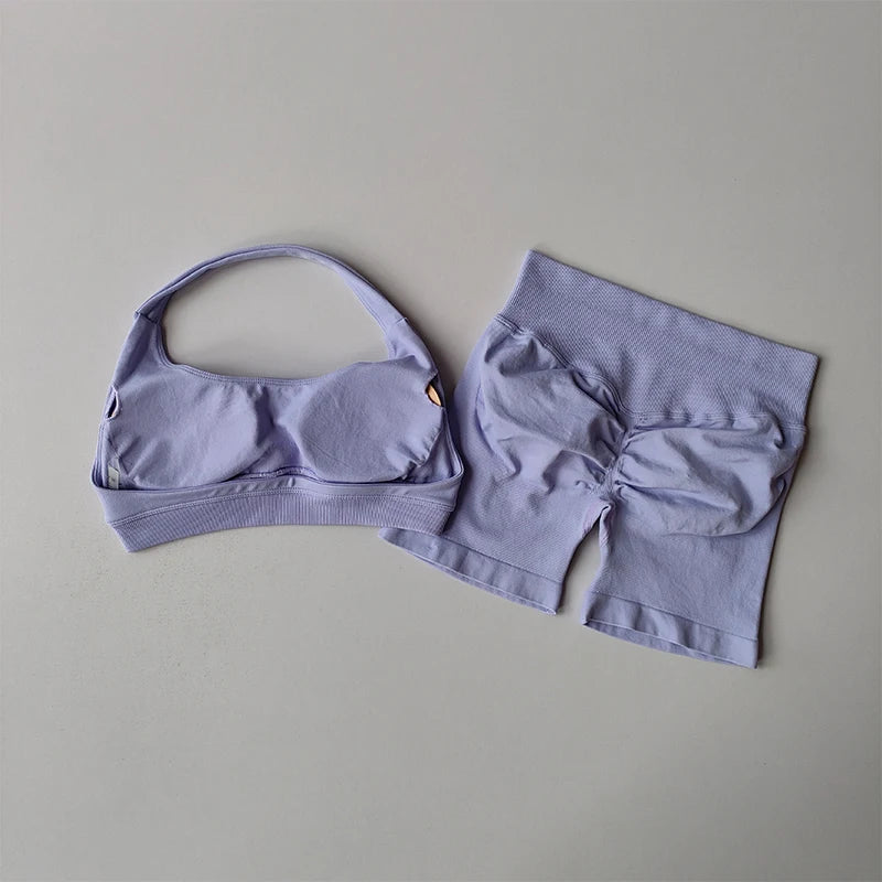 Halter Neck Yoga Set – High-Waist Sports Bra & Shorts Fitness Outfit