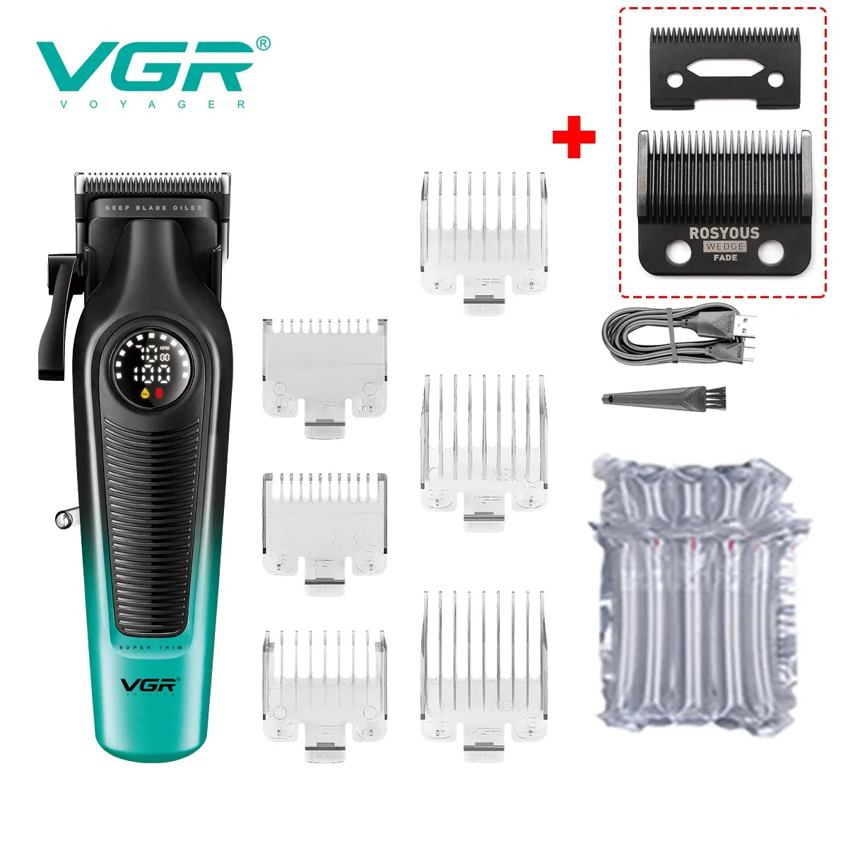 VGR 196 Professional Hair Clipper DLC Blade LED Display Cordless USB Ceramic Blade Men's Haircut Machine Hair Trimmer Machine